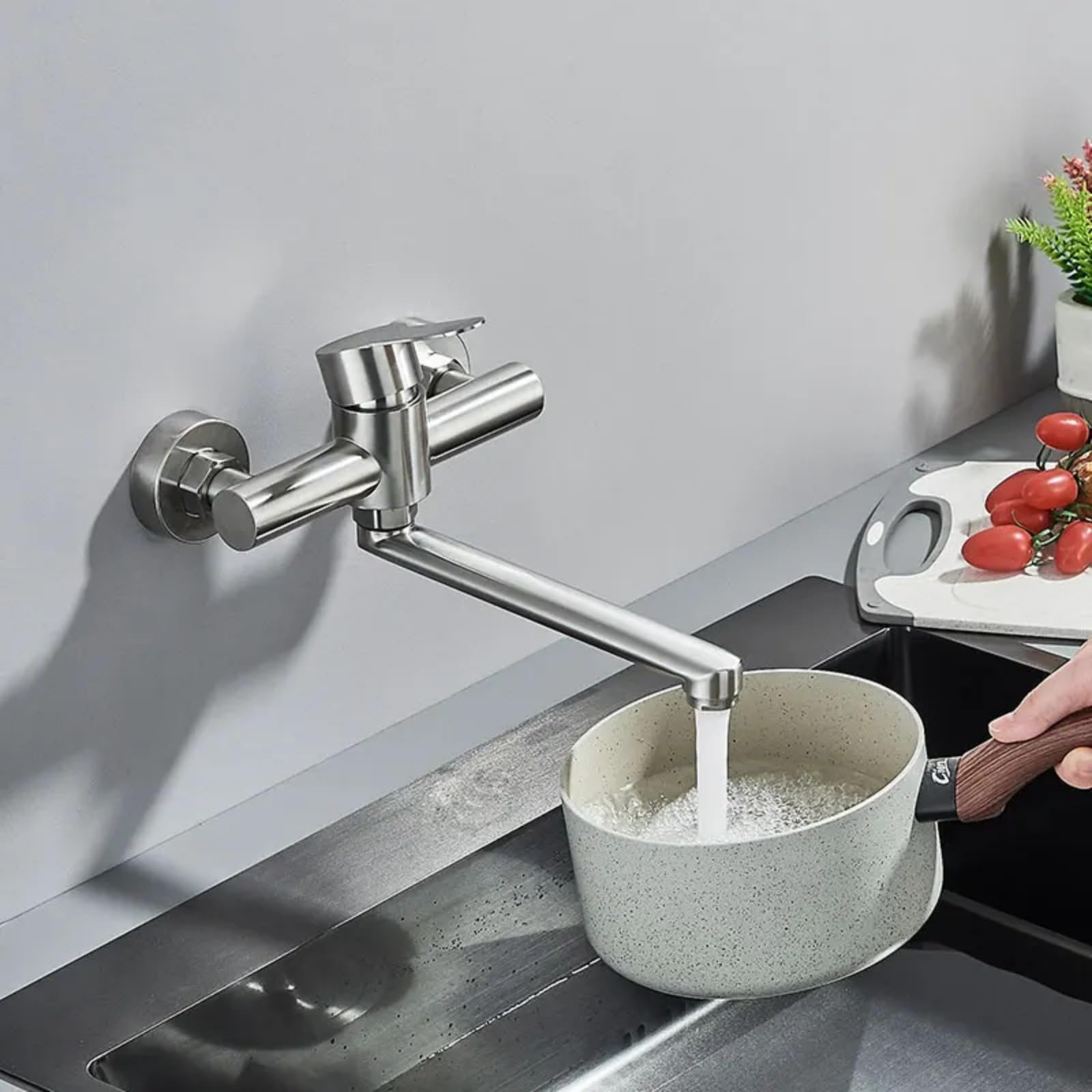 Küchenarmaturen aus Edelstahl, wandmontiert, Zweiloch-Badarmatur, 360° drehbar, Waschtischarmatur mit Kalt- und Warmwasseranschluss, Crane-Mischbatterie