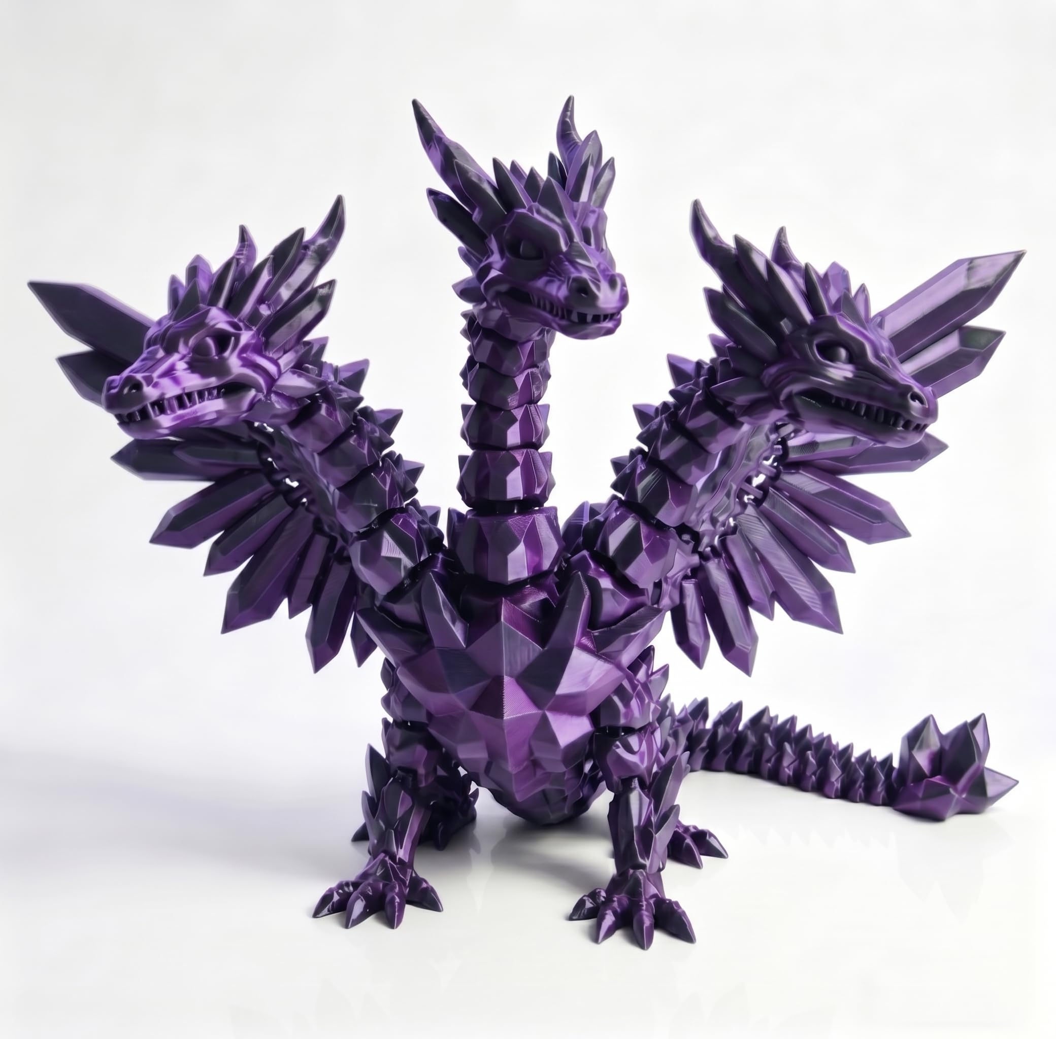 3D Printed Articulated Three-Headed Crystal Dragon with Wings, Flexible Fidget Toy for Stress Relief, Cute Sensory Dragon Figure, Ideal Desk, Home & Office Decor (Purple,L)