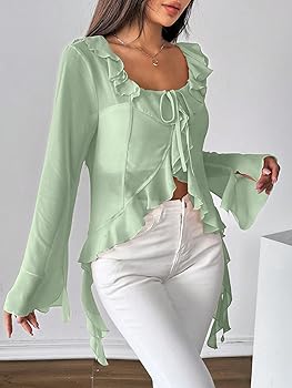 WDIRARA Women's Tie Front Ruffle Sheer Blouse Long Bell Sleeve