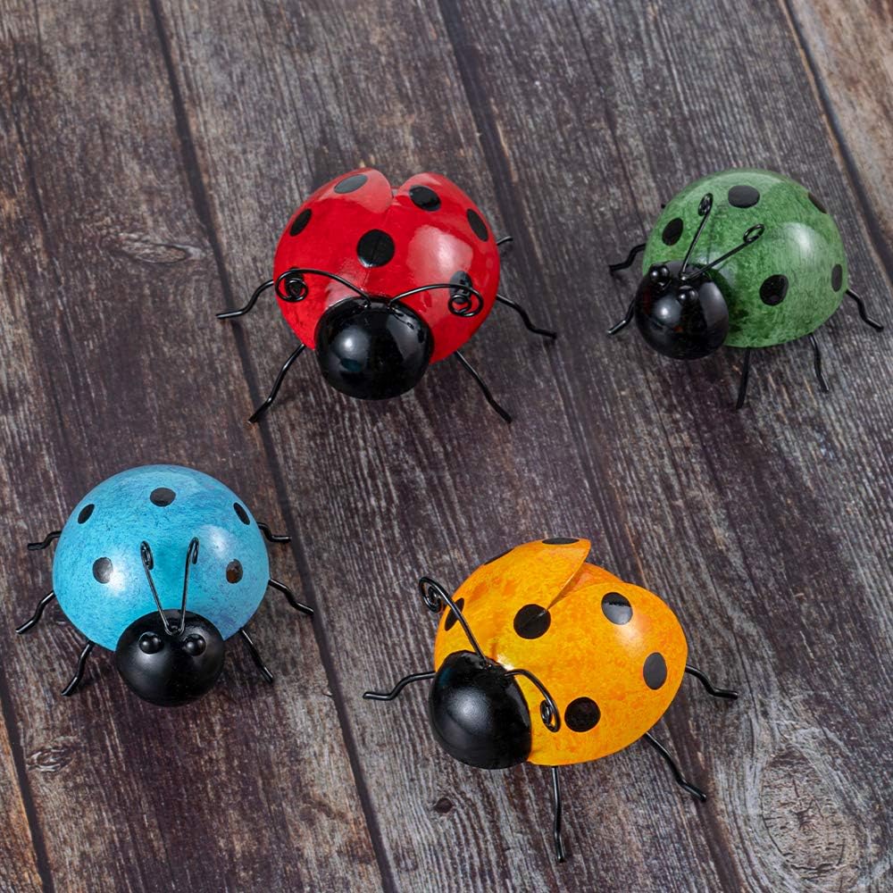 YEAHOME Cute Ladybugs Outdoor Wall Decor, 3D Metal Wall Art Spring Decor, Rustic Wall Sculptures & Statues for Farmhouse, Porch, Patio, Lawn, Fence, Backyard Decorations Set of 4