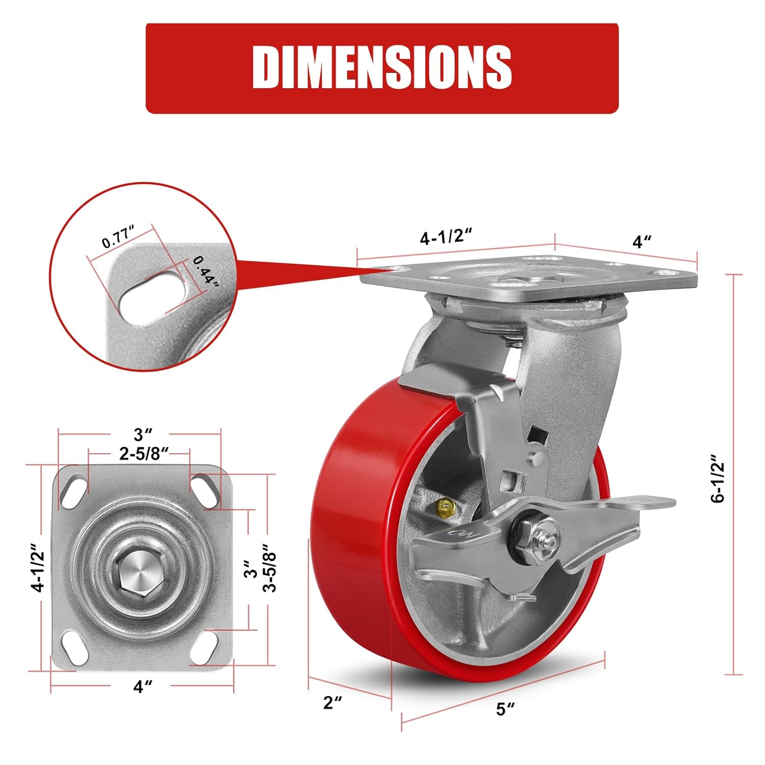 5" X 2" Industrial Plate Swivel & Brake Caster Wheels Set of 4 Heavy Duty,Load Capacity 4000lbs, No Noise Polyurethane Wheel on Steel Hub for Toolbox Workbench
