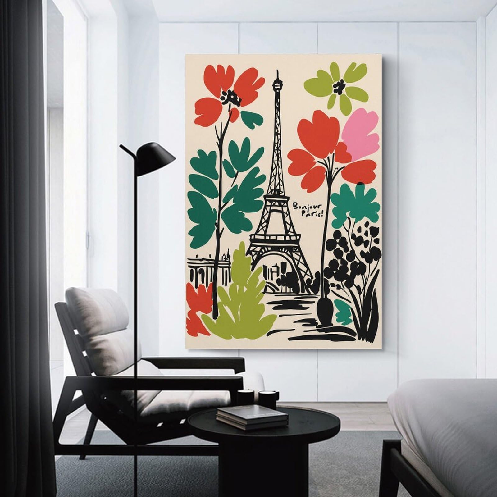 Decorative Canvas Print Bonjour Paris Floral Eiffel Tower Art, 24x36inch(60x90cm), for New Homes, Bedrooms Or Workspaces, A Wall Art Gift for Fresh Interiors