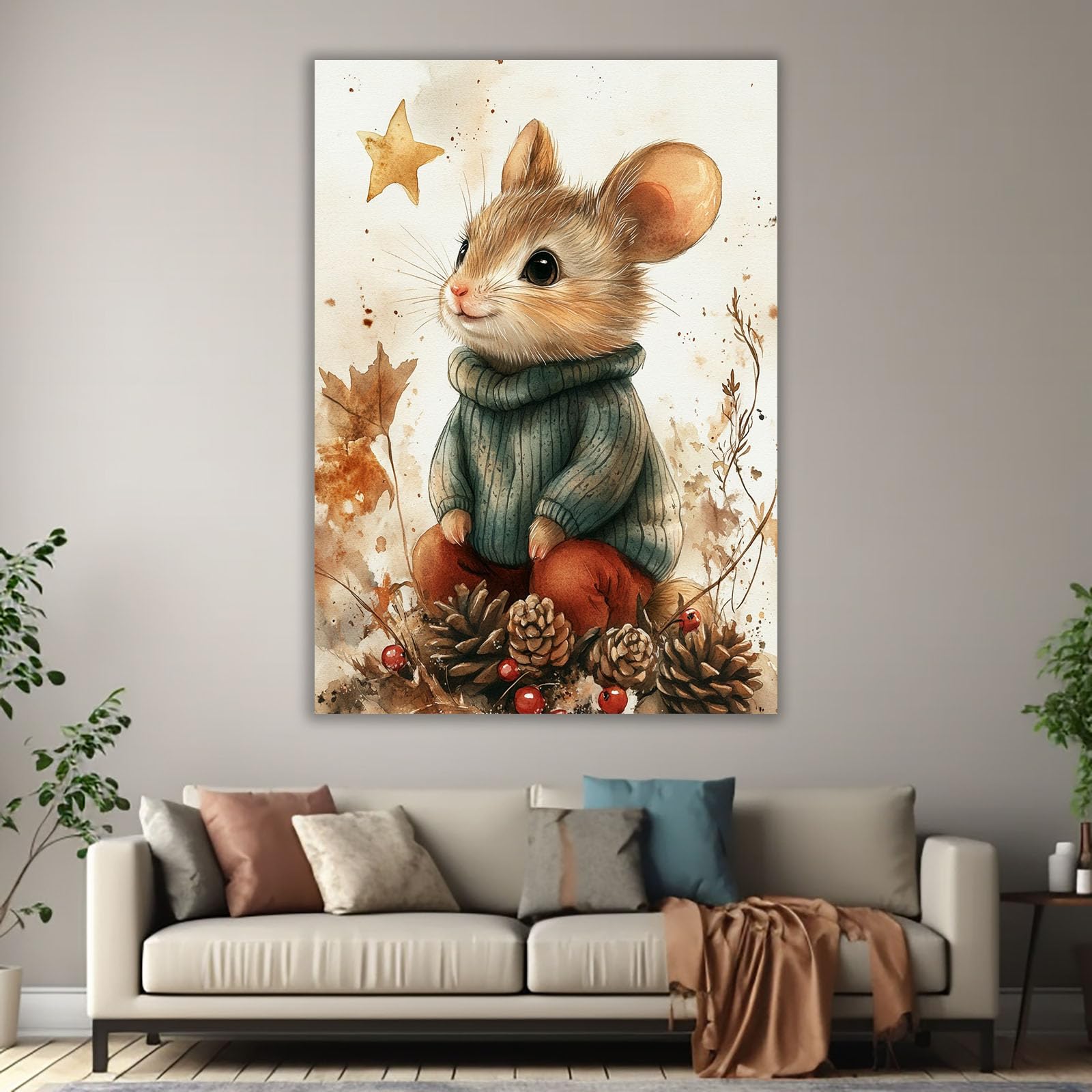 TERUEA Tela Animali Stampe Decorazione Topo Maglia Acquerello Autunno Pino Bacca stampa artistica su tela, poster decorativo moderno, per camera da letto(Brown)-80x120cm Non incorniciato