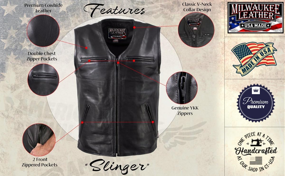 Milwaukee Leather USA MADE MLVSM5009 Men's Black Slinger V-Neck Motorcycle Premium Leather Zippered Vest - Image 2