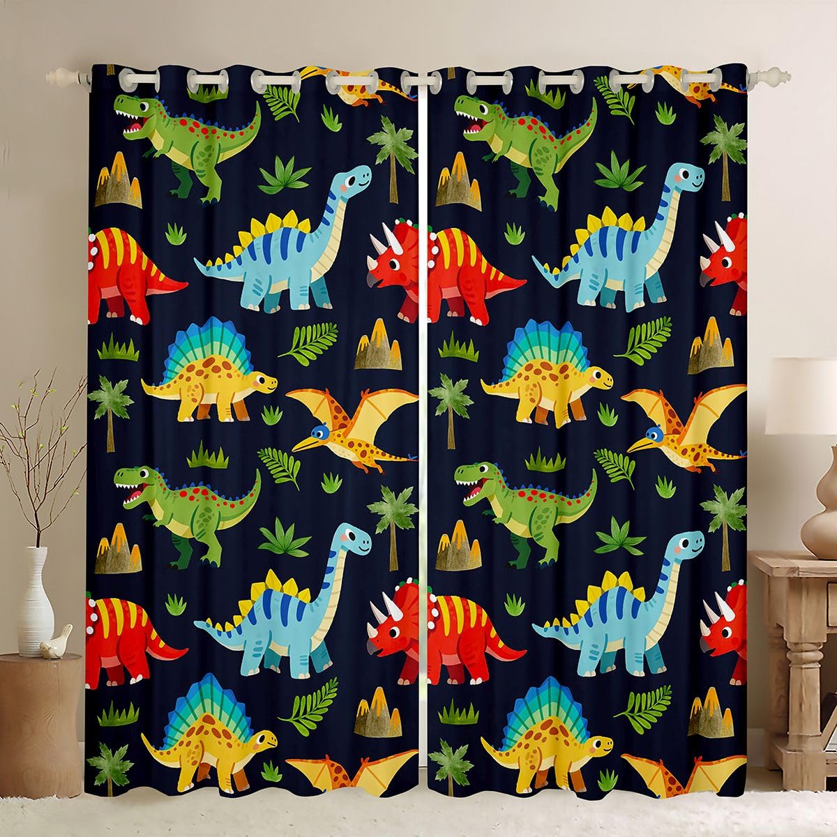 Homewish Rideau Occultant 117x183 cm Enfants Dino,Rideau Garçons Filles Dinosaures,Rideaux Voilage Enfants Adolescents Palmier de La Jungle,Voilage Fenetre Anciens Animaux Sauvages pour Chambre Salon