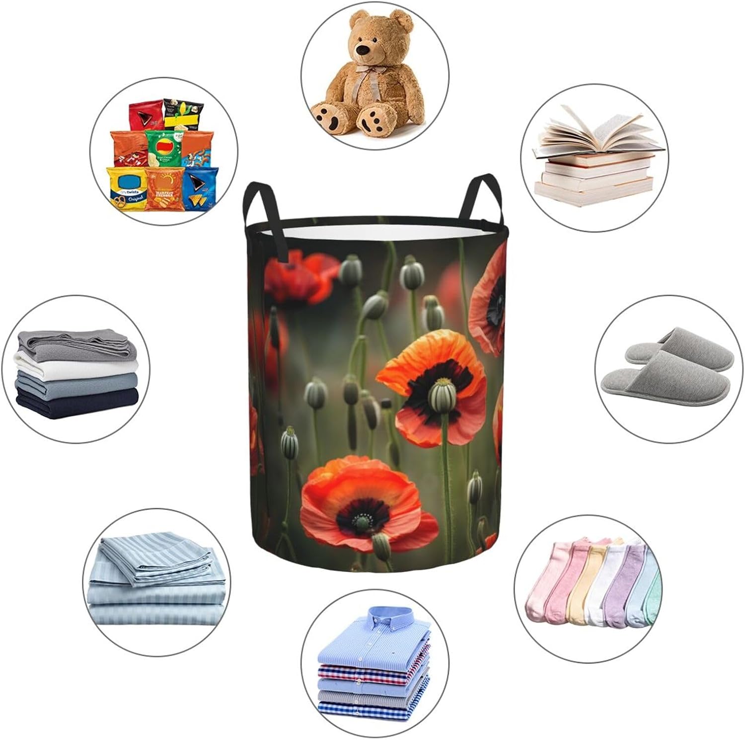 Poppy Flowers Print Circular Protable Storage Bin,Basket For Laundry Hamper With Handles Bedroom Clothes