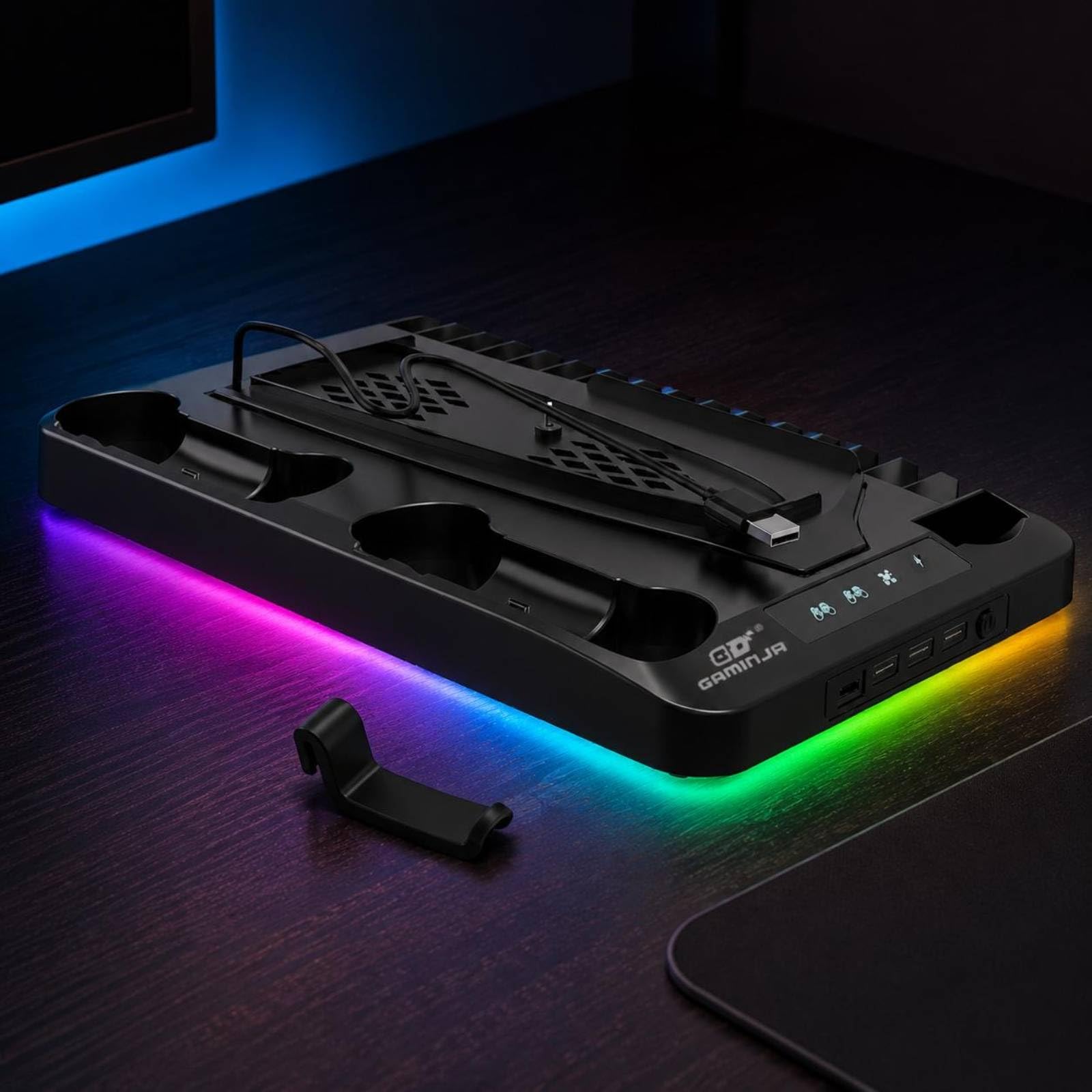 Base di Raffreddamento per Console Supporto Ventilato Doppia Ventola Dock Rgb Stazione di Ricarica Controller con Porte Usb Usb C Struttura Adatto per, Nero, Nero