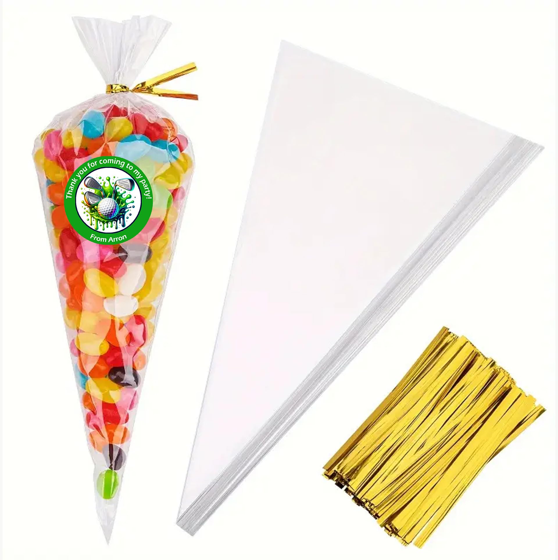 Personalised Golf Party Stickers – 45mm Round Labels for Party Bags, Favours or Sweet Cones – Golf Themed Birthday Decoration - 24 Green Golf Stickers with 24 Empty Cones