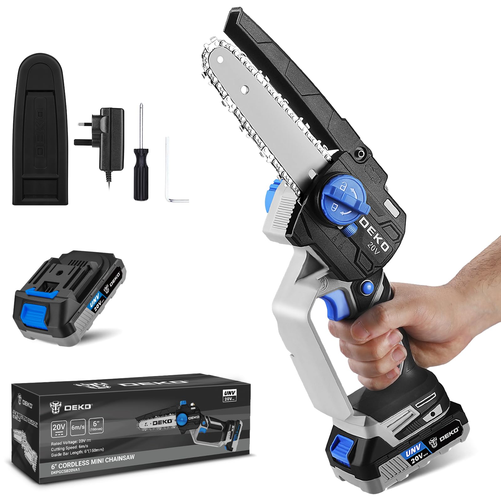 Battery Chainsaw 20 V: DEKOPRO Electric Chainsaw 15 cm, Mini Chainsaw with Battery, Battery Chainsaw with Battery and Charger, Small Electric Hand Chainsaw, for Cutting Branches and Wood in the Garden