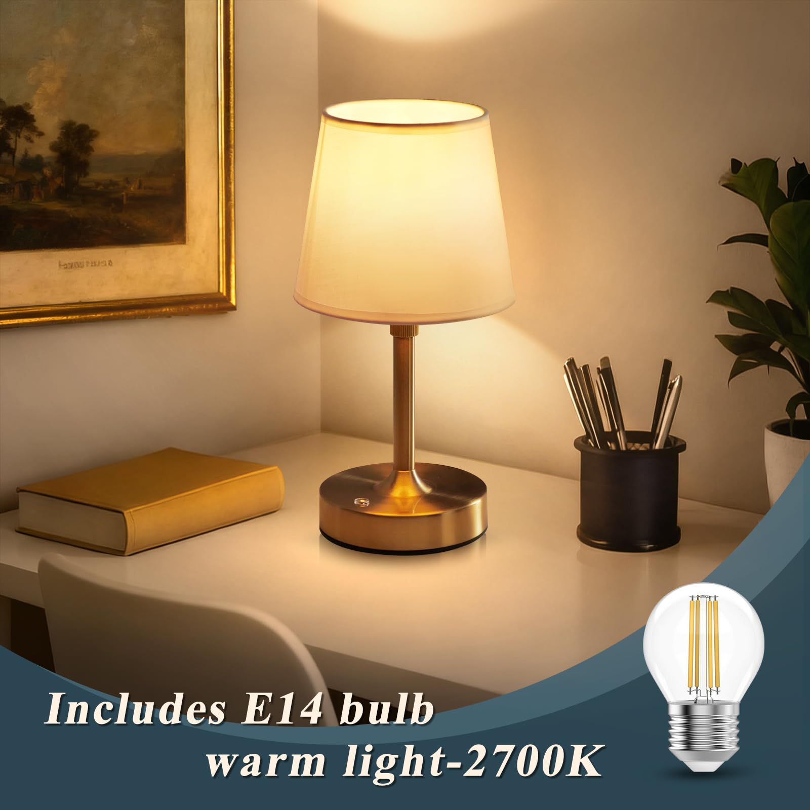 Lampada da comodino ricaricabile, lampada da tavolo dimmerabile a batteria, 6000 mAh, lampade da comodino wireless con paralume in tessuto, luci dorate portatili con controllo touch per camera