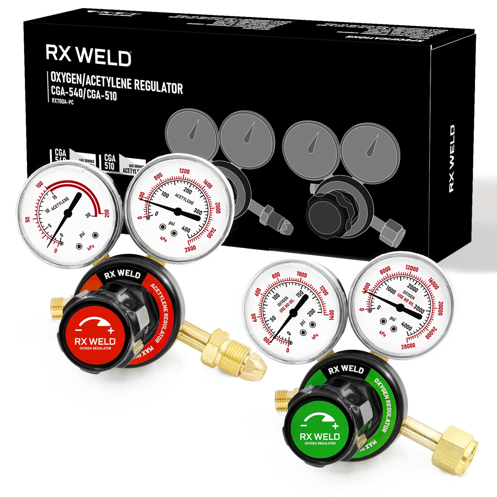RX WELD Oxygen and Acetylene Regulators CGA540 and CGA510- Compatible with V-Style Welding Gas Torch Cutting, PC-Handle
