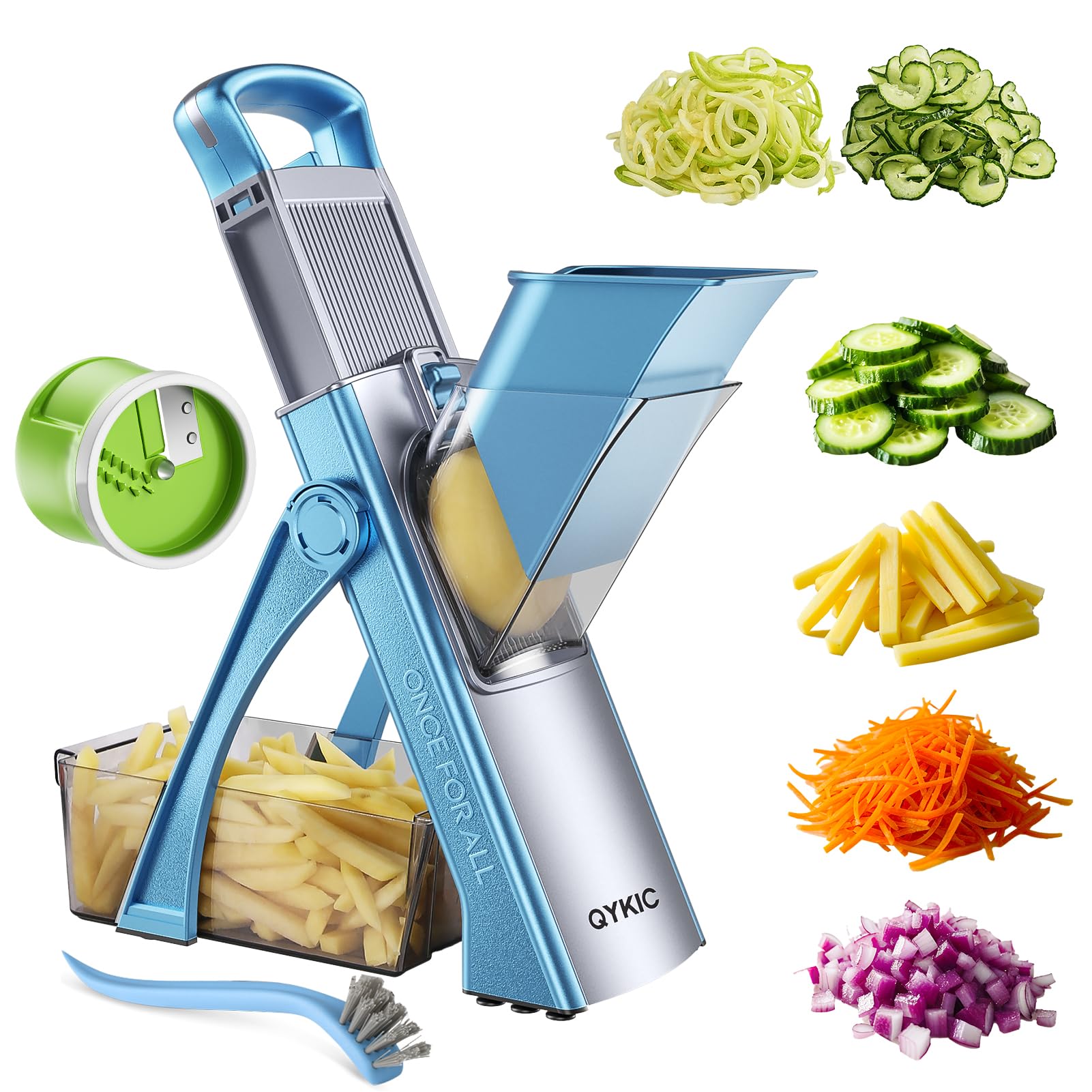 QYKIC Upgrade Safe Mandoline Slicer for Kitchen, Vegetable Chopper Food Cutter, Potato Slicer Thickness Adjuster, French Fry Cutter, Veggie Dicer Faster With Spiralizerfor Meal Prep Blue