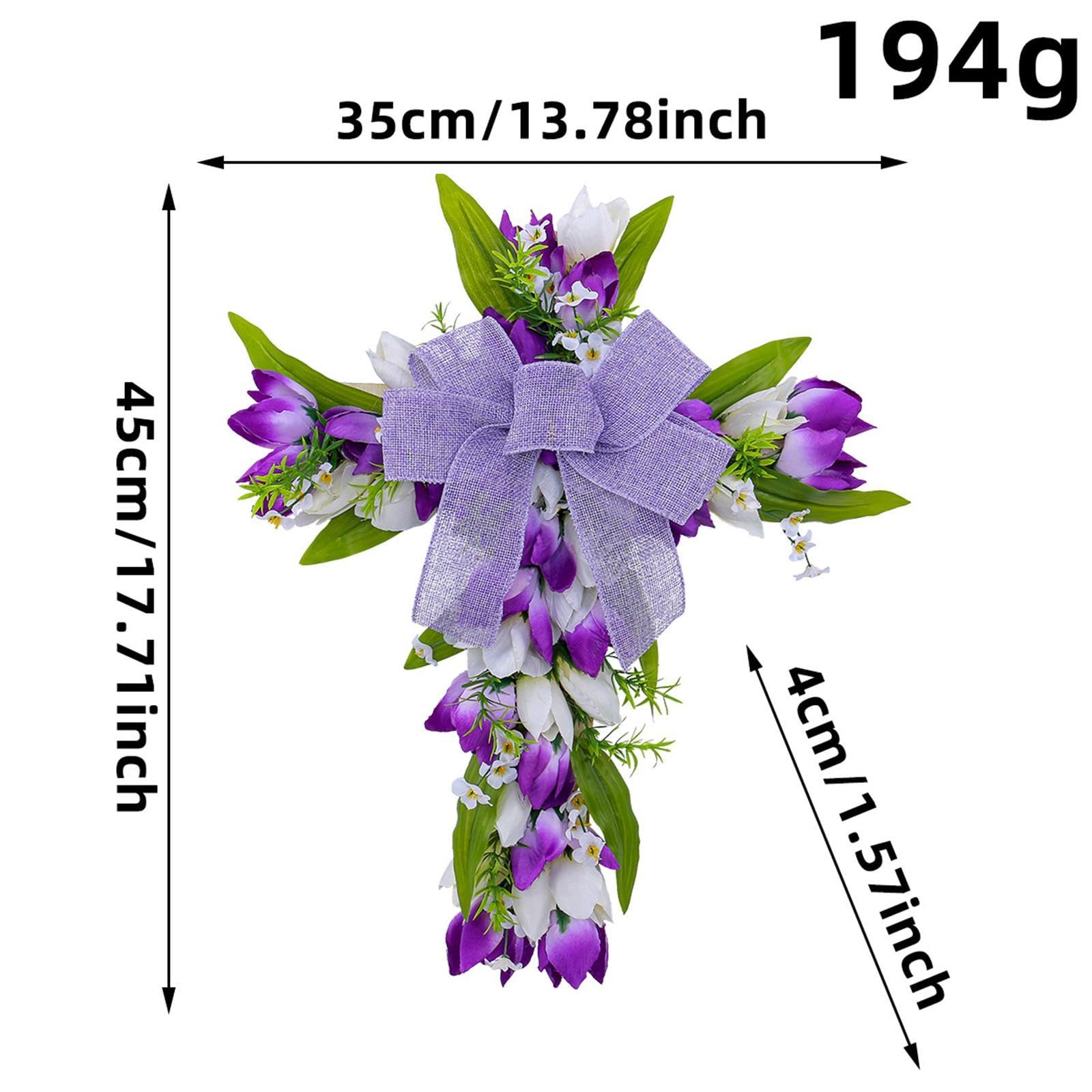 Ghirlanda Pasquale Croce con Fiocco Tessuto Artificiali Foglie Verdi Costruzione in PP E Legno Adatta a Decorazione Casa Tavolo, Fiori bianchi viola