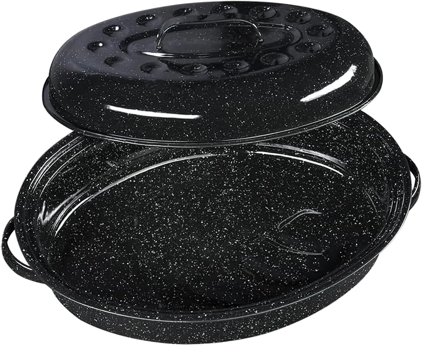 Kitchen 319796 Covered Oval Roaster, 15-Inch, Speckled Black Porcelain Enamel on Steel, 10 lb Capacity Roasting Pan for Chicken, Ham, Meat, Vegetables & Holiday Meals
