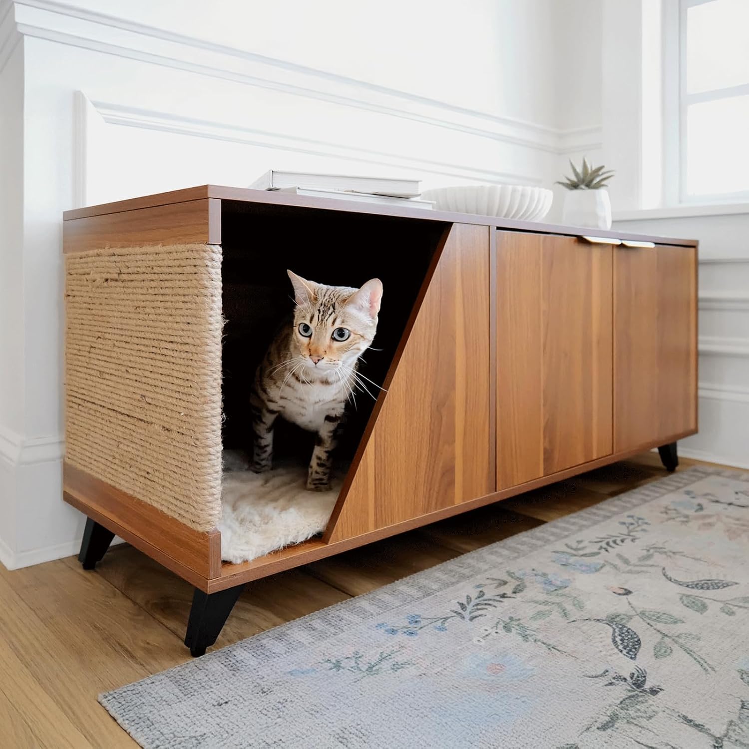 4 Cats & Dogs Jessie Litter Cabinet – Modern Pet Litter Cabinet for Cats & Small Dogs, Multi-Use Hidden Litter Box Enclosure, Engineered Wood & Sisal Rope, Stylish & Sturdy, 48"x17.15"x22", Walnut