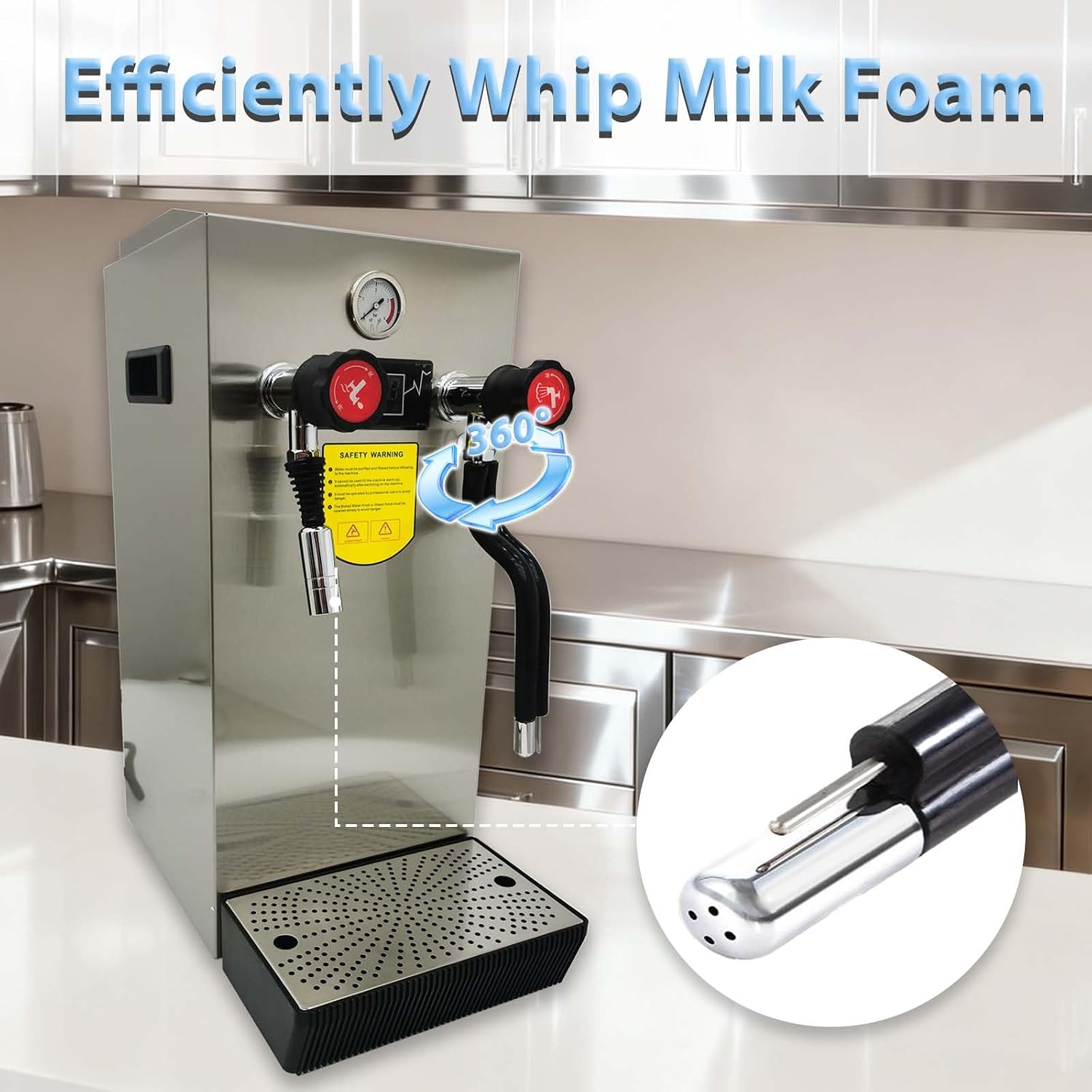2KW 12L Commercial Milk Frother, 220V Stainless Steel Steam Frothing Machine with Temp Display & 360° Rotatable Steam Nozzle Coffee Milk Foam Machine Steamer, Dry-run Protection
