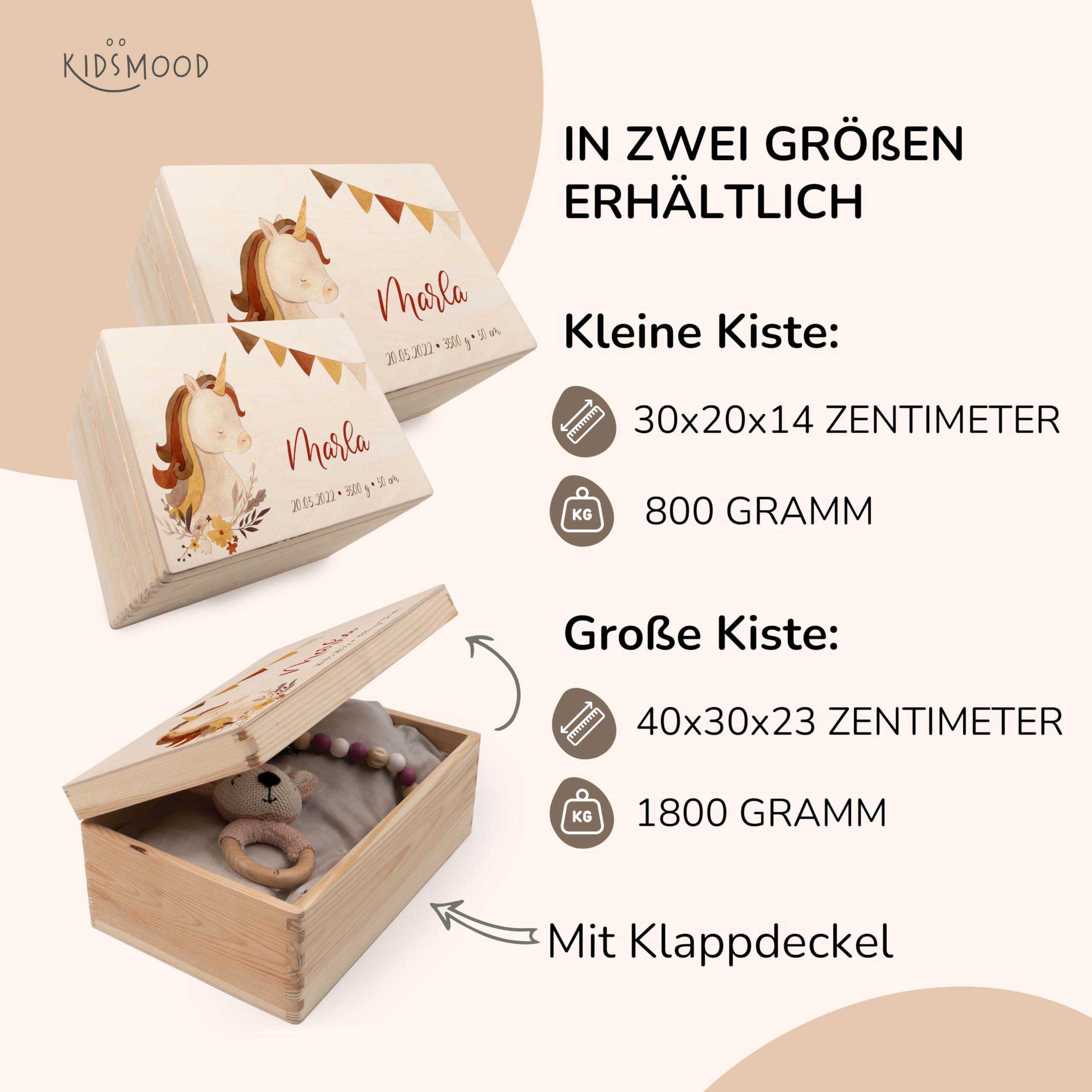 KIDSMOOD - Erinnerungsbox Baby, personalisierte Holzkiste mit Deckel, Ideal zur Aufbewahrung von Erinnerungen und als Geschenk zur Geburt, Taufe oder als Geburtstagsgeschenk für Mädchen und Jungen