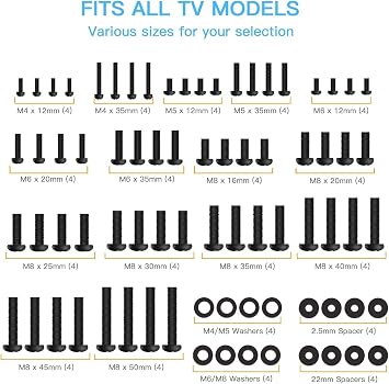 PERLESMITH Universal TV Mounting Hardware Kit Fits Most TVs Includes M4, M5, M6 and M8 TV Screws, Washers and Spacers for TV and Monitor Mounting up to 80 inches