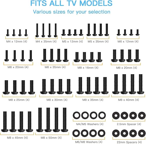 PERLESMITH Universal TV Mounting Hardware Kit Fits Most TVs Includes M4, M5, M6 and M8 TV Screws, Washers and Spacers for TV and Monitor Mounting up to 80 inches