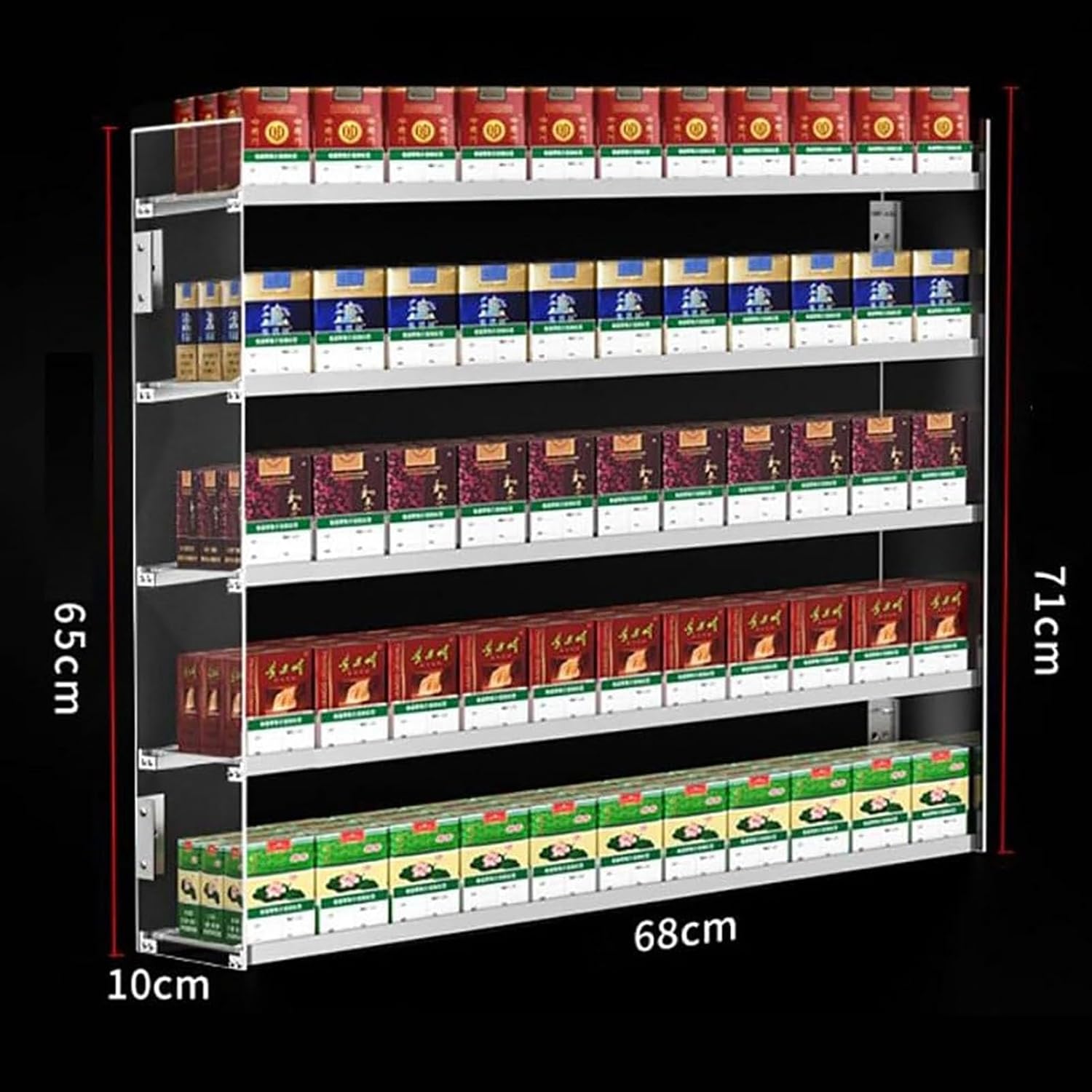 Cigarette Display Holder - Wall-Mounted Clear Acrylic Showcase with Automatic Pushers for Retail Stores, Shop Displays, and Merchandising (56x10x71cm, 68x10x71cm)