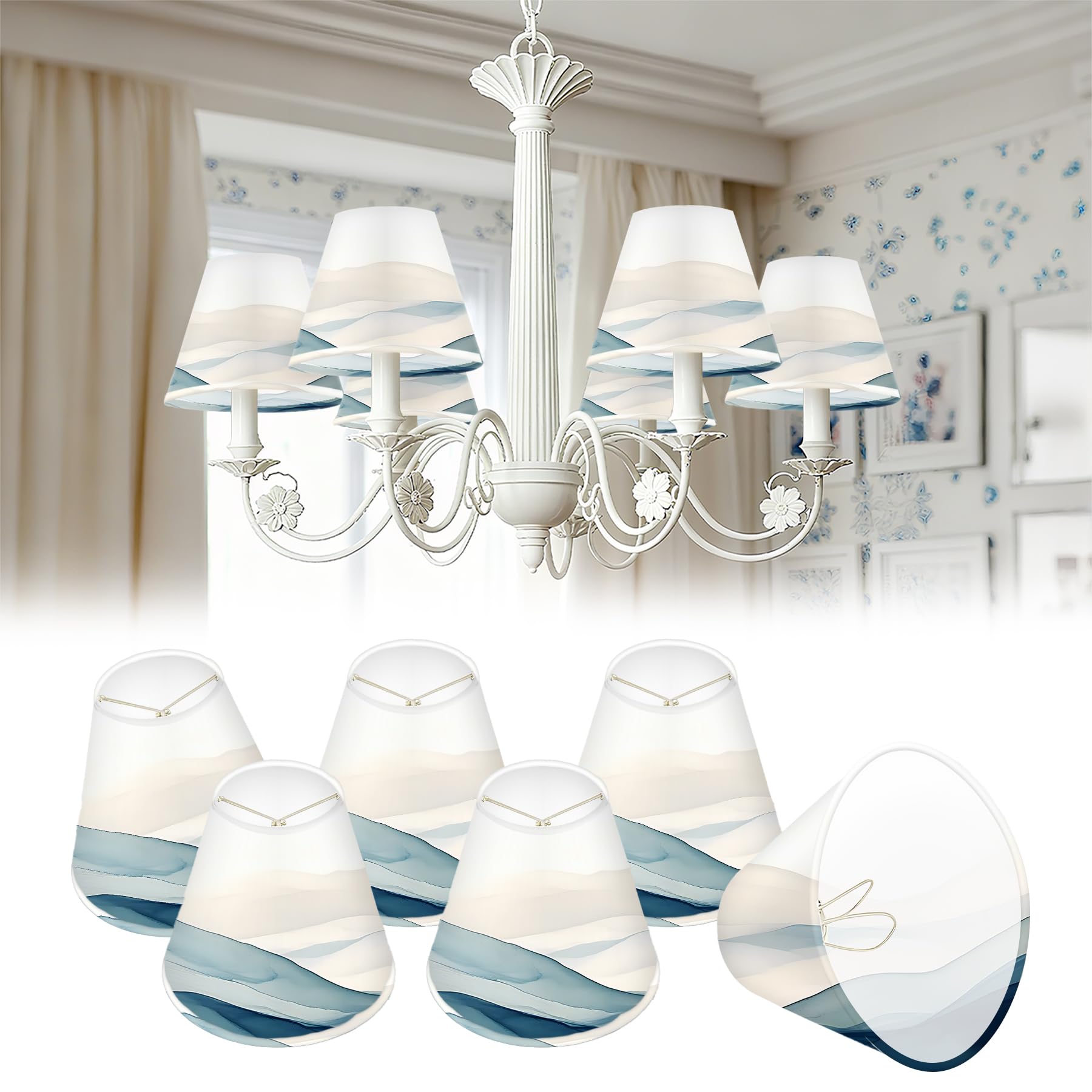 Set of 6 Mini Chandelier Lamp Shades, 3" Top x 6" Bottom x 5" Slant HD Printing Geometric Floral Leaves Marble Lampshade, Small Lamps shade, Modern Lampshade Decor (Ripple, 3" x 6"x 5")