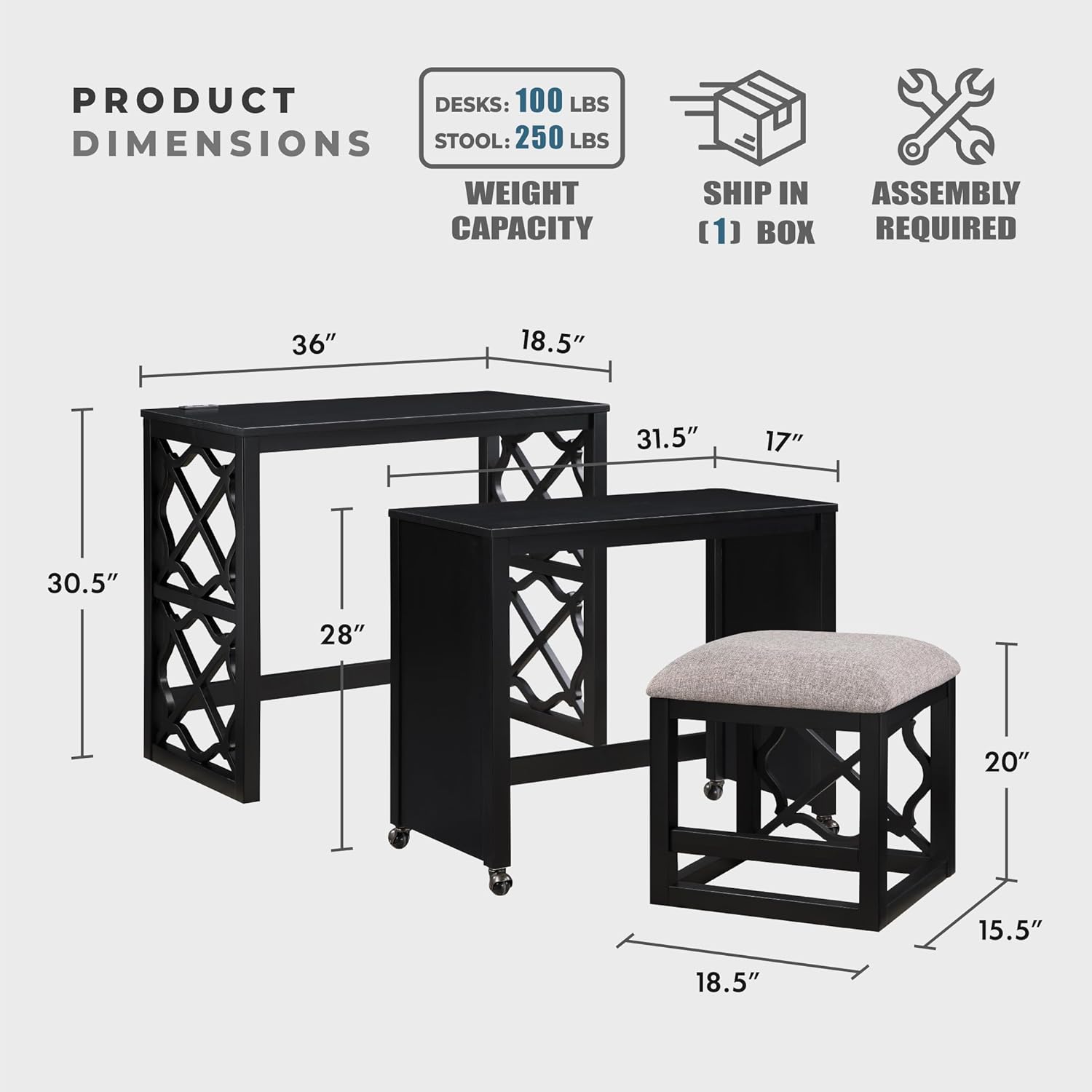 Lexicon Space-Saving Home Office Wood Desk Set, Modern Makeup Vanity Desk with Padded Vanity Stool, USB Charging Port, Nesting Table, Rolling Small Computer Table for Writing/Study/Bedroom, Black