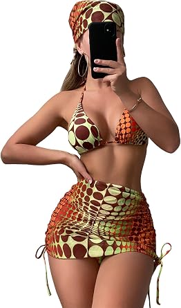 RoseSeek Womens 4 Piece Polka Dots Swimsuits Triangle Bathing Suit Bikini Sets Cover Up Skirt Bandana