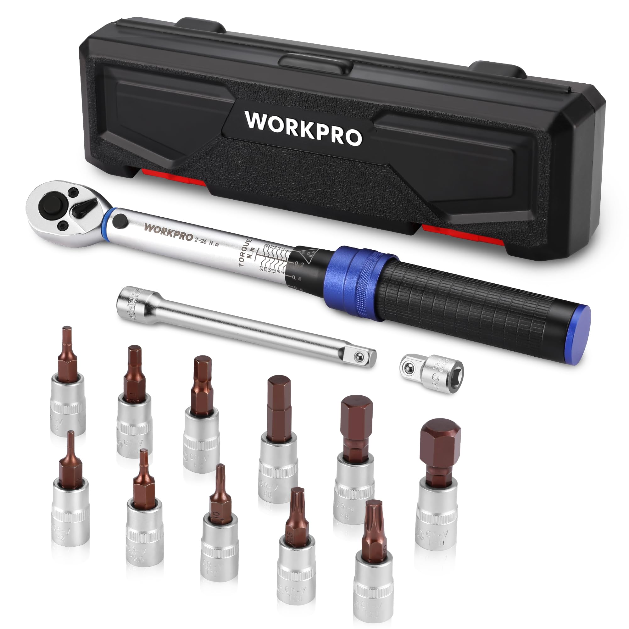WORKPRO 1/4” Torque Wrench, 14-Piece Bike Torque Wrench Set 2-26N.m, Torque Wrench Set with Dual Direction Adjustable 72 Teeth, Non-Slip Handle, Extension Bar, Socket Set for Car, Bicycle Repair