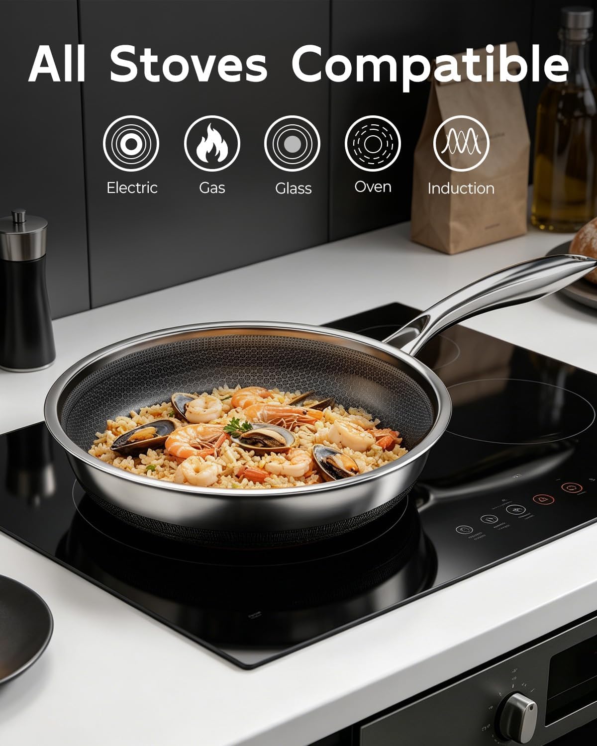 FogDream 12 Inch Nonstick Frying Pan with Lid, Honeycomb Hybrid Stainless Steel Skillet, Tri-Ply Induction Compatible, Non Toxic Frying Pan, Oven Safe, Dishwasher Safe, Silver
