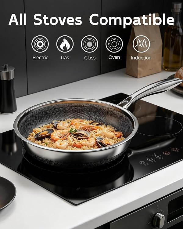 FogDream 10 Inch Nonstick Frying Pan with Lid, Honeycomb Hybrid Stainless Steel Skillet, Tri-Ply Induction Compatible, Non Toxic Frying Pan, Oven Safe, Dishwasher Safe, Silver by FogDream - Image 7