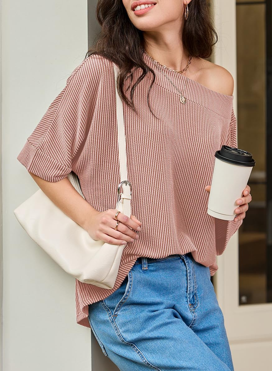 EVALESS Womens Off Shoulder Tops 3/4 Sleeve Batwing Shirts image 3