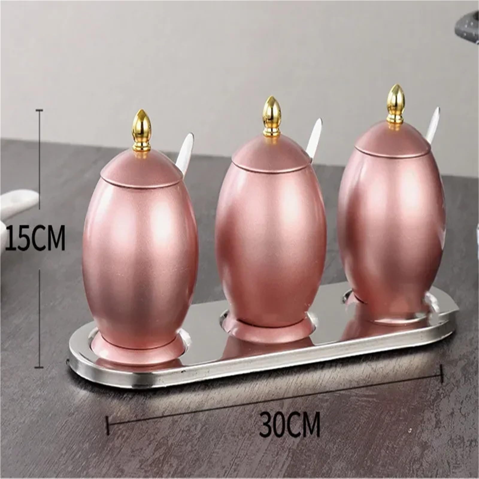 Boîte à épices en acier inoxydable Ensemble de pots d'assaisonnement en acier inoxydable, avec cuillère, boîte à épices Base pivotante, sel, accessoires cuisine(Rose Golden-3pcs set)