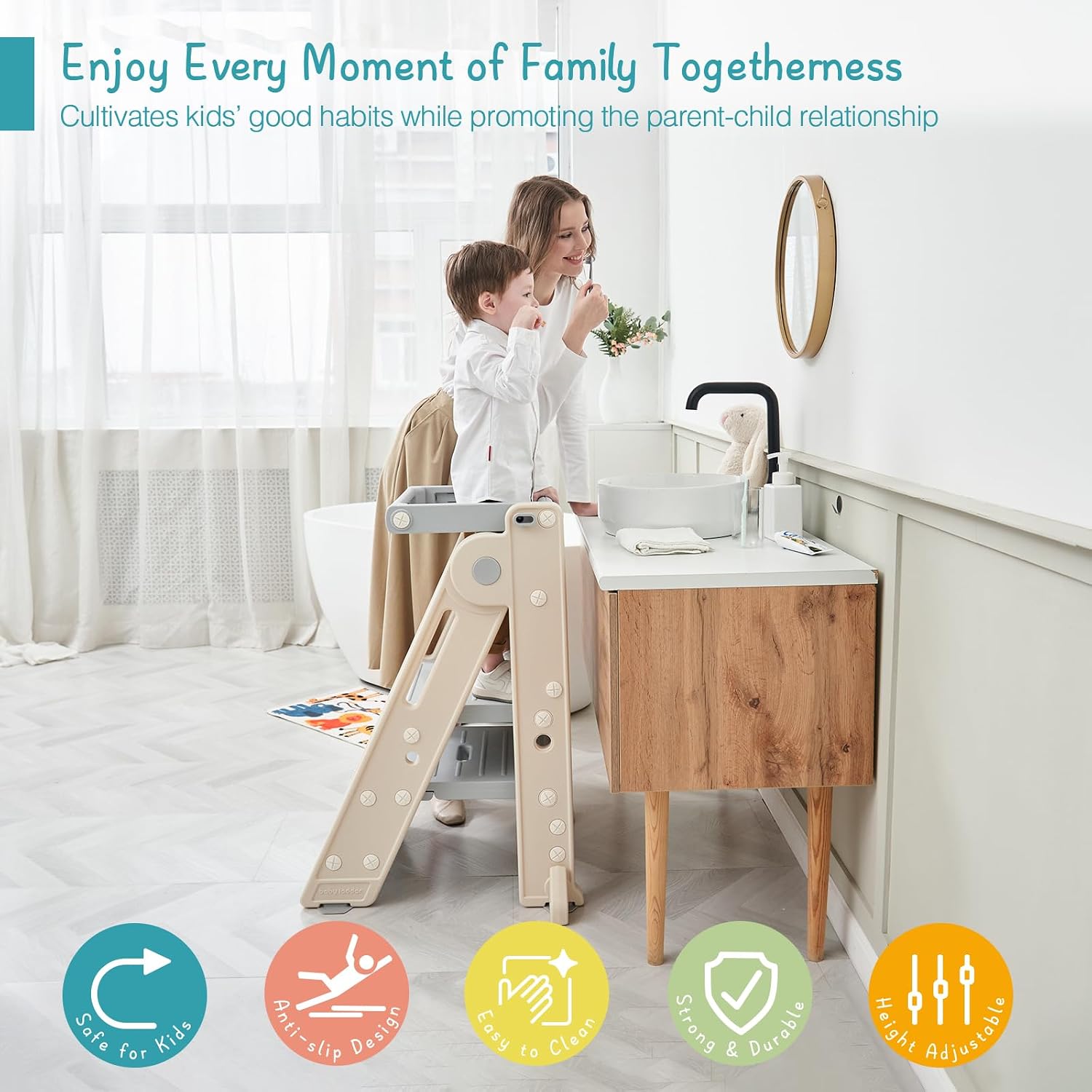 Forbena Foldable Toddler Tower Kitchen Learning Stool Helper, Montessori Kids Standing Tower for Counter, Collapsible Adjustable Baby Child Step Stool with Safety Net for... 6 Forbena Foldable Toddler Tower Kitchen Learning Stool Helper, Montessori Kids Standing Tower for Counter, Collapsible Adjustable Baby Child Step Stool with Safety Net for... - Image 4