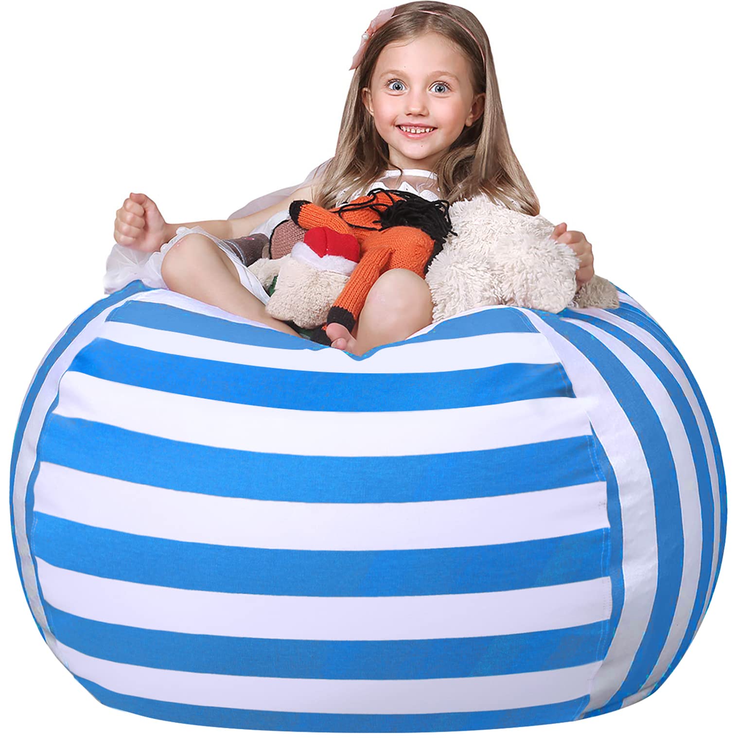 WEKAPO Stuffed Animal Storage Bean Bag Chair Cover for Kids | Stuffable Zipper Beanbag for Organizing Children Plush Toys Large Premium Cotton Canvas (Blue, XX-Large)
