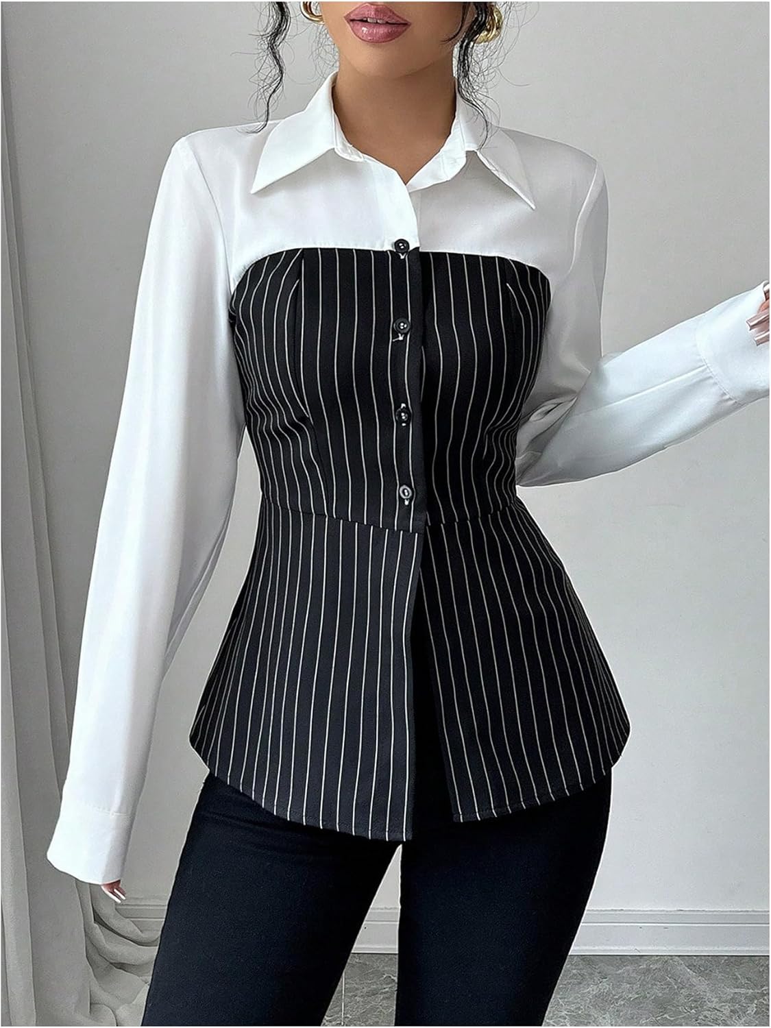 SweatyRocks Women's Long Sleeve Button Down Fitted Color Block Striped Blouses Shirts Elegant Work Tops - Image 3