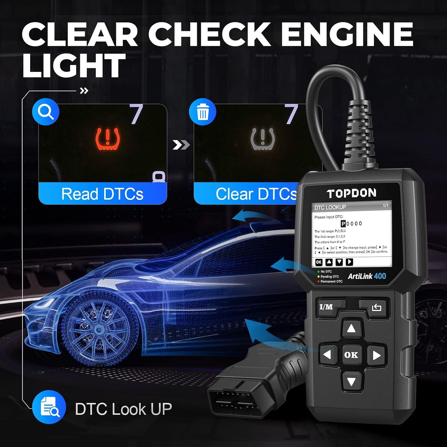 Screenshots showing how to read and clear DTCs on the TOPDON AL400