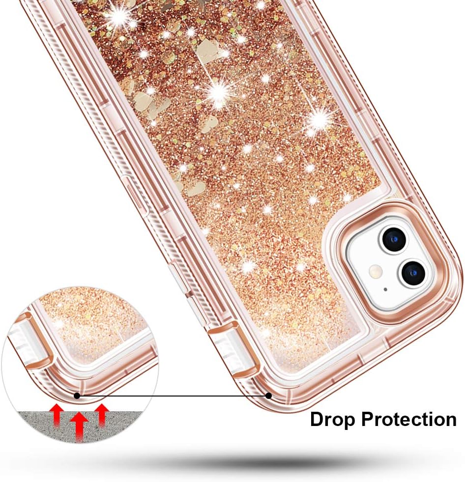 Anuck Case for iPhone 11 Case (6.1 inch), 3 in 1 Hybrid Heavy Duty Defender Armor Case Sparkly Floating Liquid Glitter Protective Hard Shell Shockproof Anti-Slip TPU Bumper Cover - Rose Gold