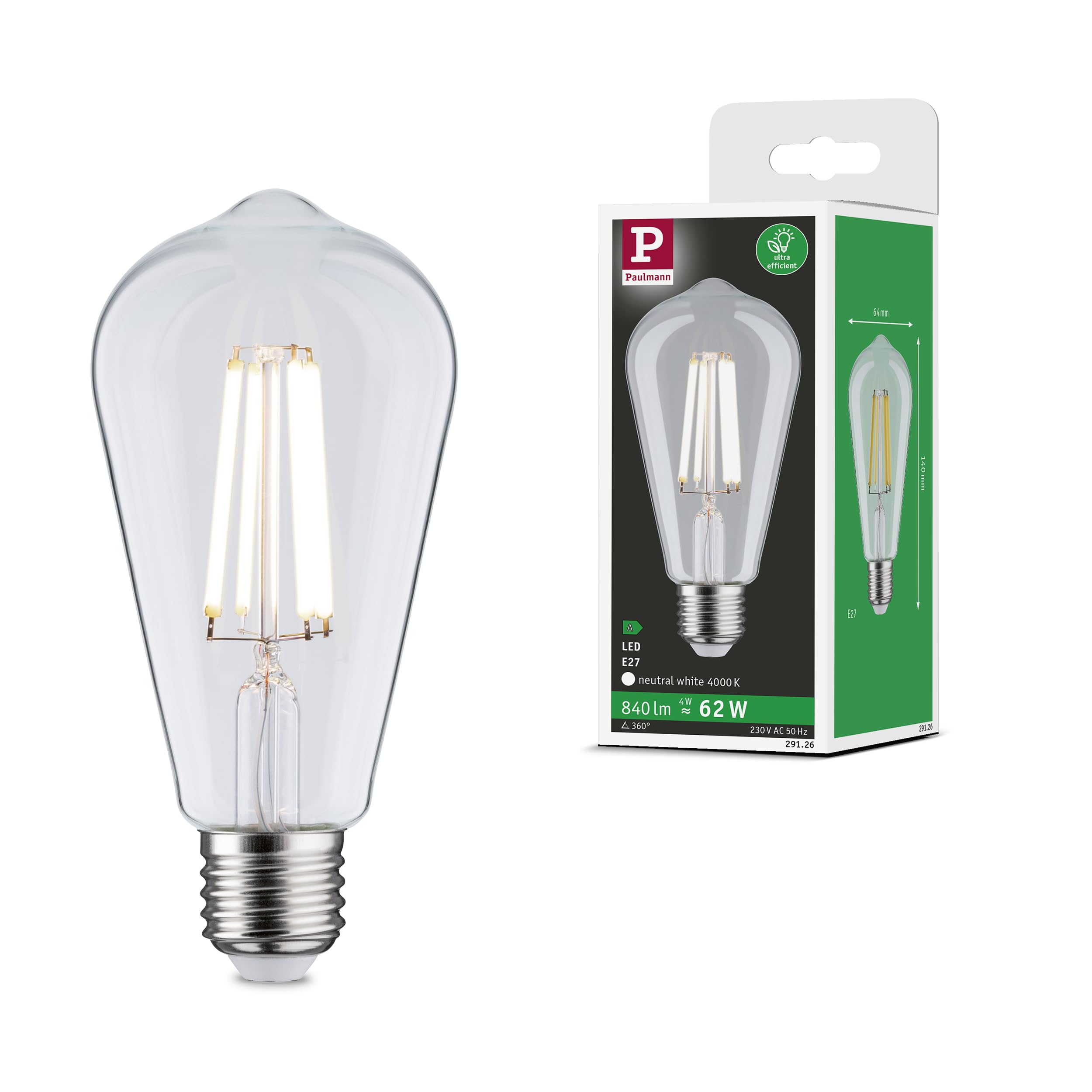 Paulmann 29126 Eco Line Filament 230V LED Corn ST64 E27 840lm 4W 4000K Clear lamp