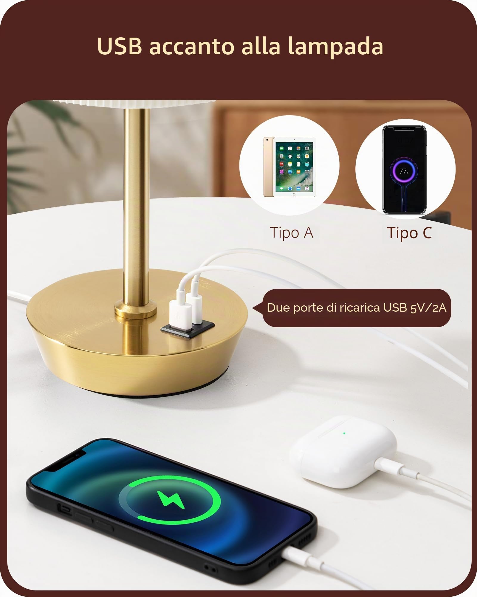 EDISHINE 2 Lampade da Comodino LED, Dimmer Touch, 2 USB, Oro | Funzione di Ricarica, 5 V / 2,1 A, LED 2700 K Inclusa per Camera, Soggiorno, Davanzale, 28 cm