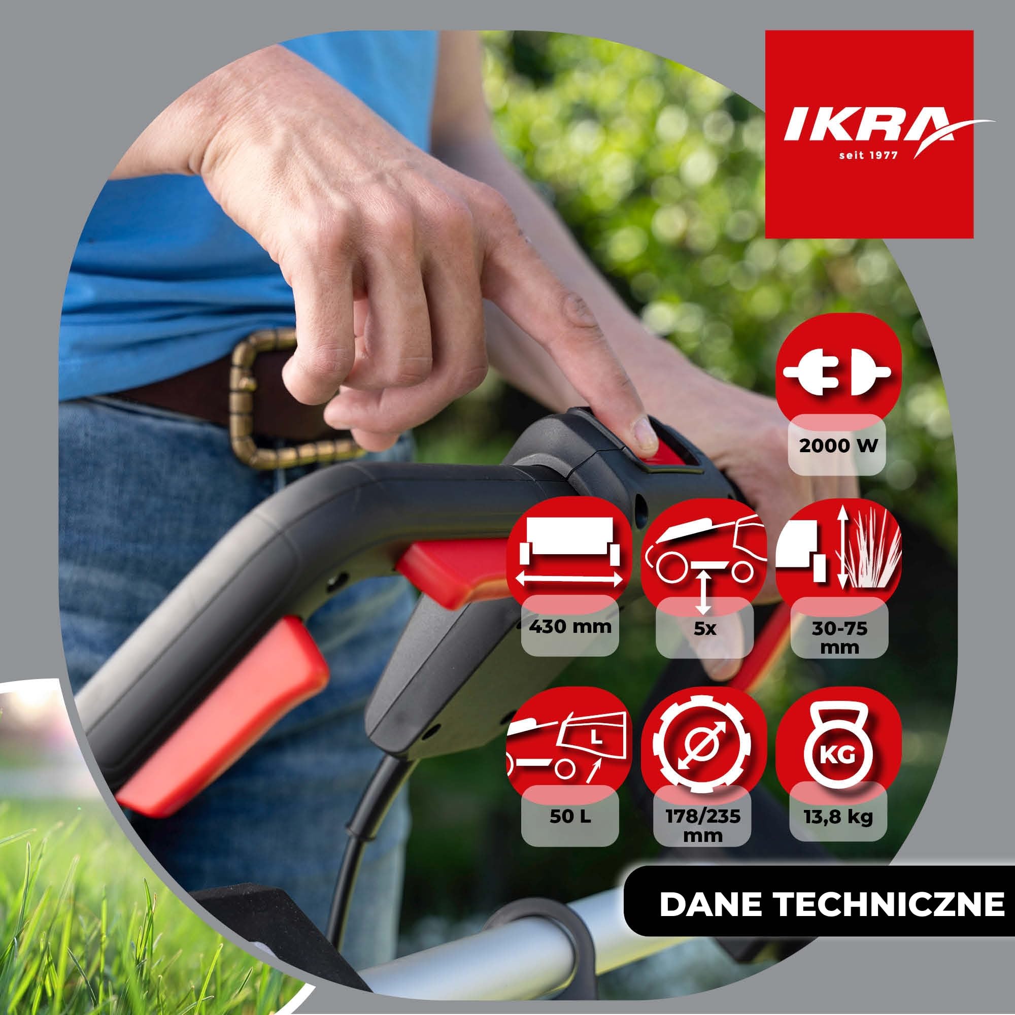 IKRA Kosiarka elektryczna IERM 2043 T, 2000W, 43cm, nóż zapasowy w zestawie | 3-stopniowa regulacja uchwytu, 5 wysokości koszenia 30–75 mm, kosz 50 l i zestaw do mulczowania, hartowany nóż