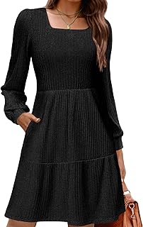 Zeagoo Women's Long Sleeve Autumn Dress A Line Puff Sleeves Elegant Knitted Dress Dresses Knee-Length with Pockets for Autumn Winter S-XXL
