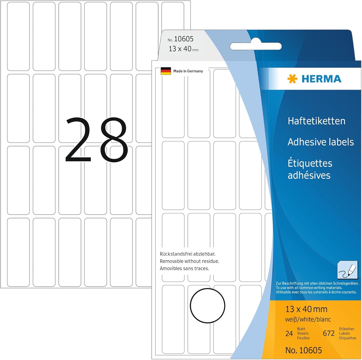 HERMA Removable Labels, 28 Labels per Sheet, 24 Sheets, 13 x 40 mm, 672 Labels, Self Adhesive Small Labels Stickers, Blank Sticky Multi Purpose Labels for Office Kitchen Home, White
