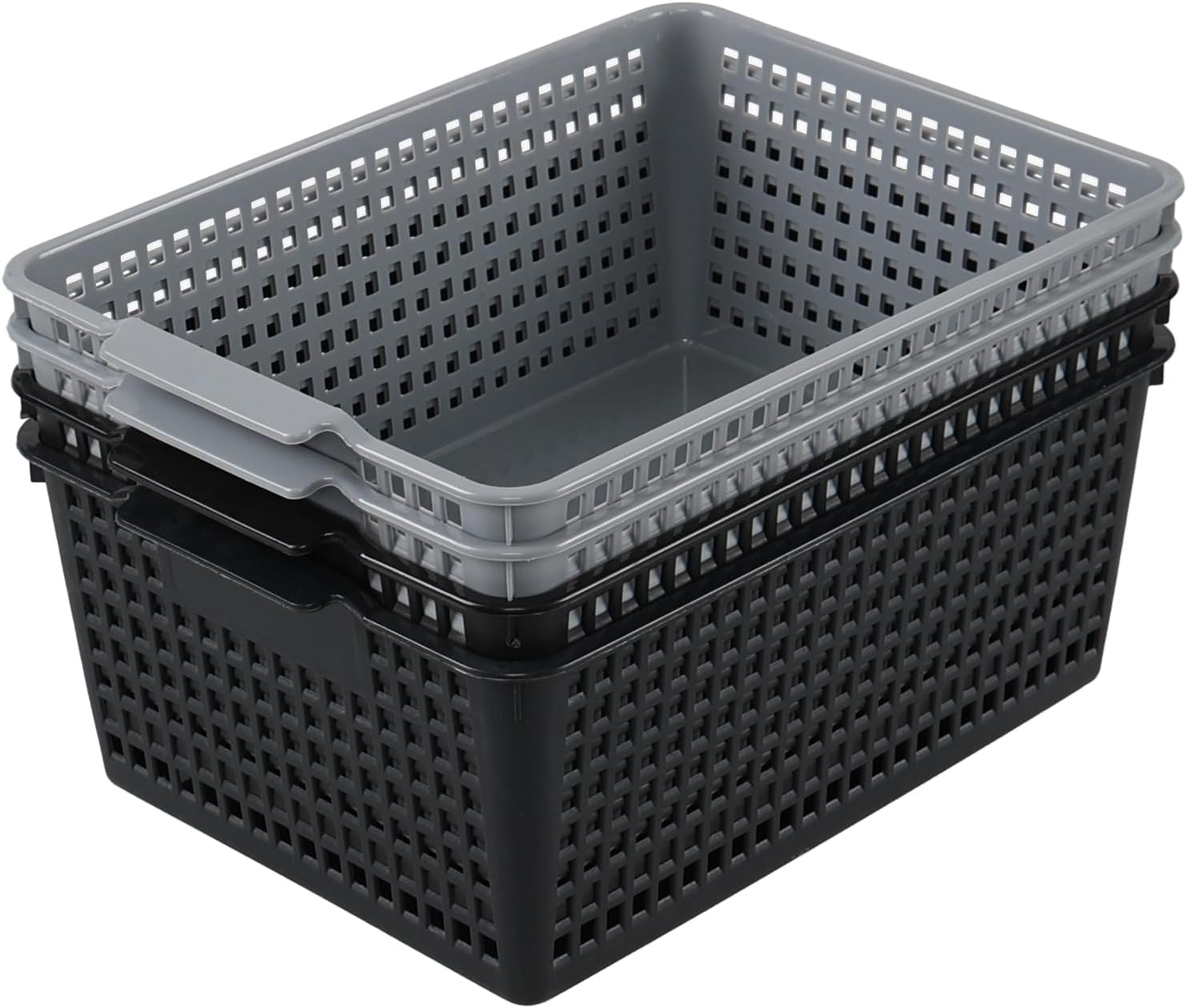 Ordate Plastic Large Basket Storage, Plastic Basket Organiser, Grey and Black, 4 Pack