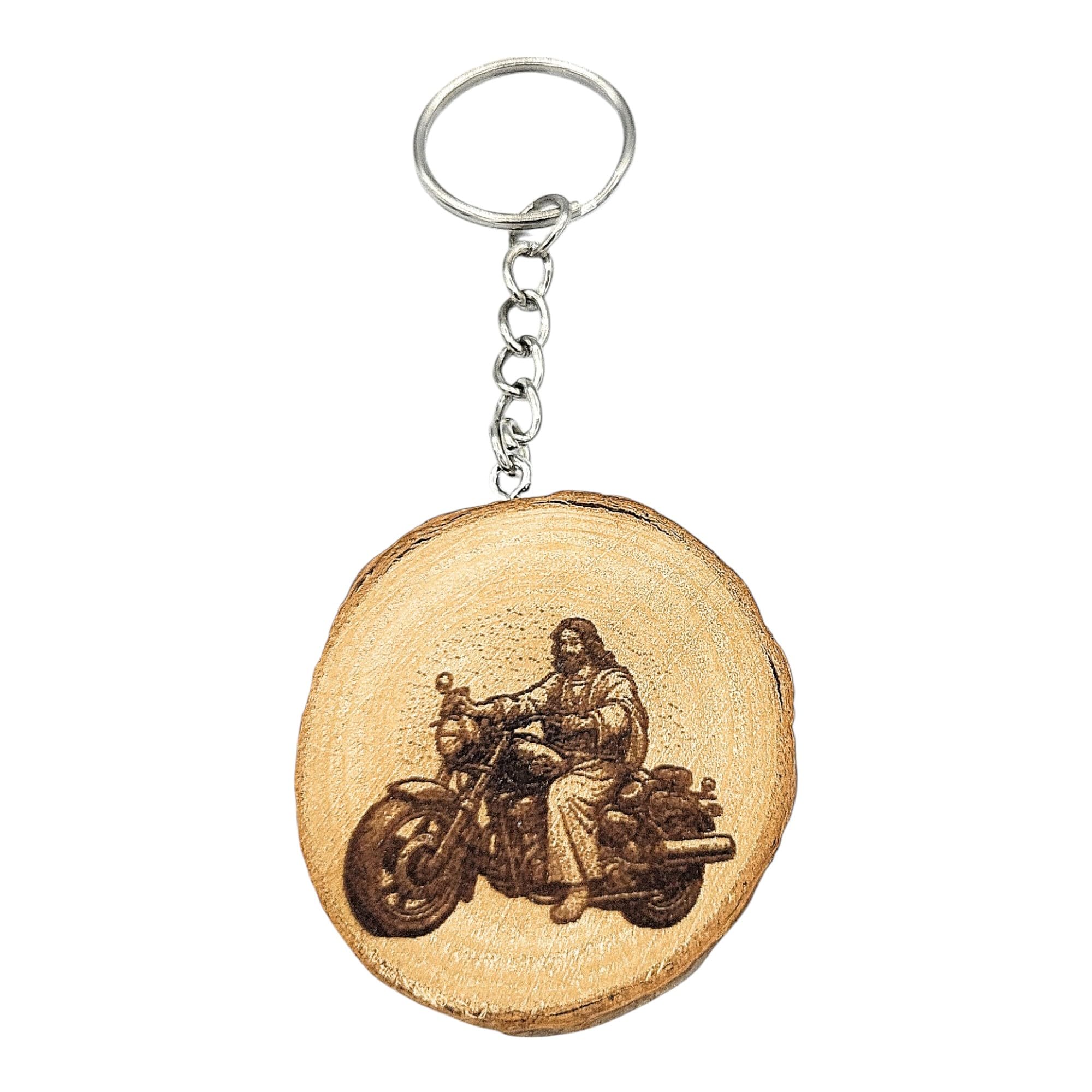 Promotech Jesus on Motorcycle Keyring Handmade Wooden Laser Engraved - Spiritual Design for Everyday Style and Biker Fans