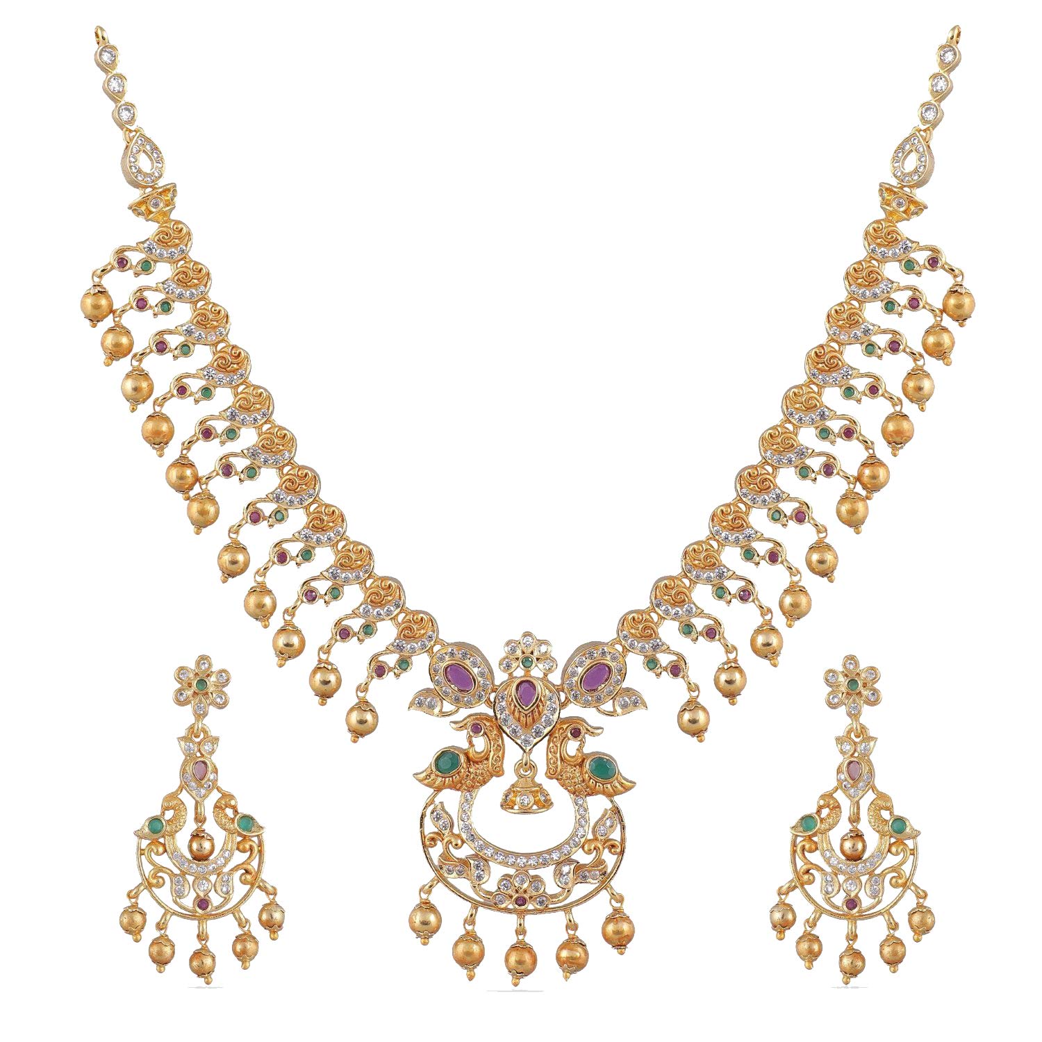 Tarinika Tanu Gold-Plated Indian Jewelry Set with Necklace and Earrings - White Red Green