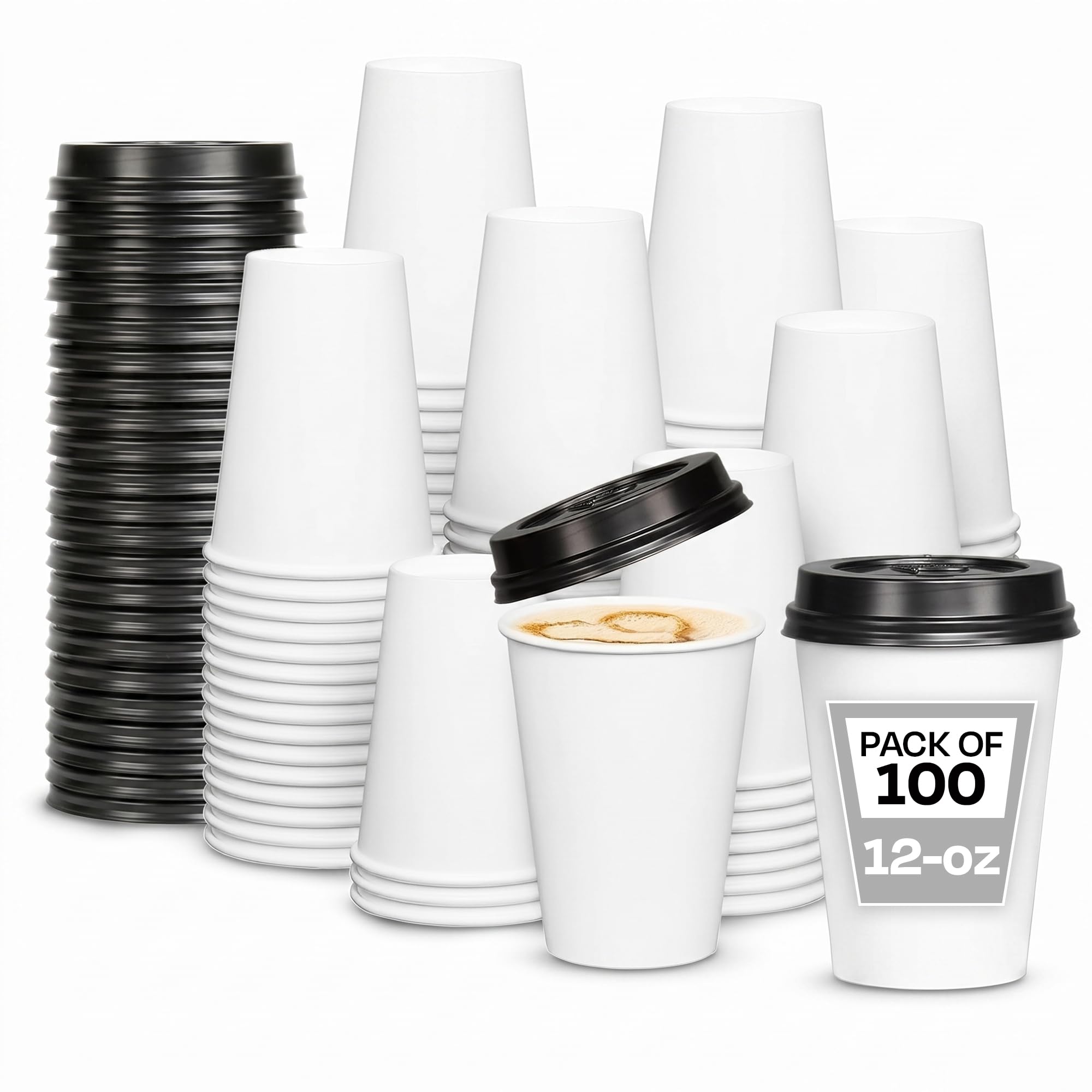 We Can Source It Ltd - 12oz Single Wall White Paper Cups with Black Sipper Lids - Great for Tea, Coffee, Cappuccino, Hot Drinks - Eco-Friendly 100% Compostable Recyclable - 100 Pack