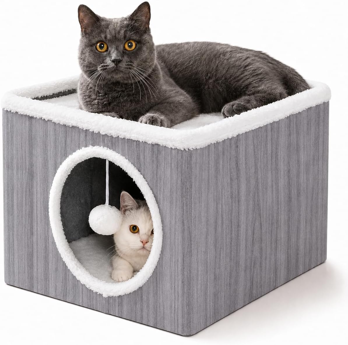 Cat Condo House with Reversible Cushions and Fluffy Ball Hanging, Foldable Cat Cube, Large Cave Bed for Indoor Cats Kittens, Grey Wood Grain Pattern