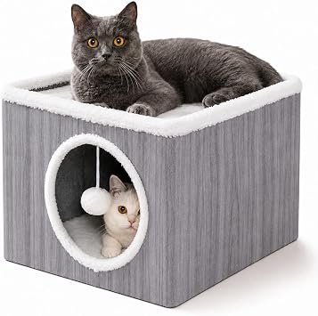 Cat Condo House with Reversible Cushions and Fluffy Ball Hanging, Foldable Cube, Large Cave Bed for Indoor Cats Kittens, Grey Wood Grain Pattern