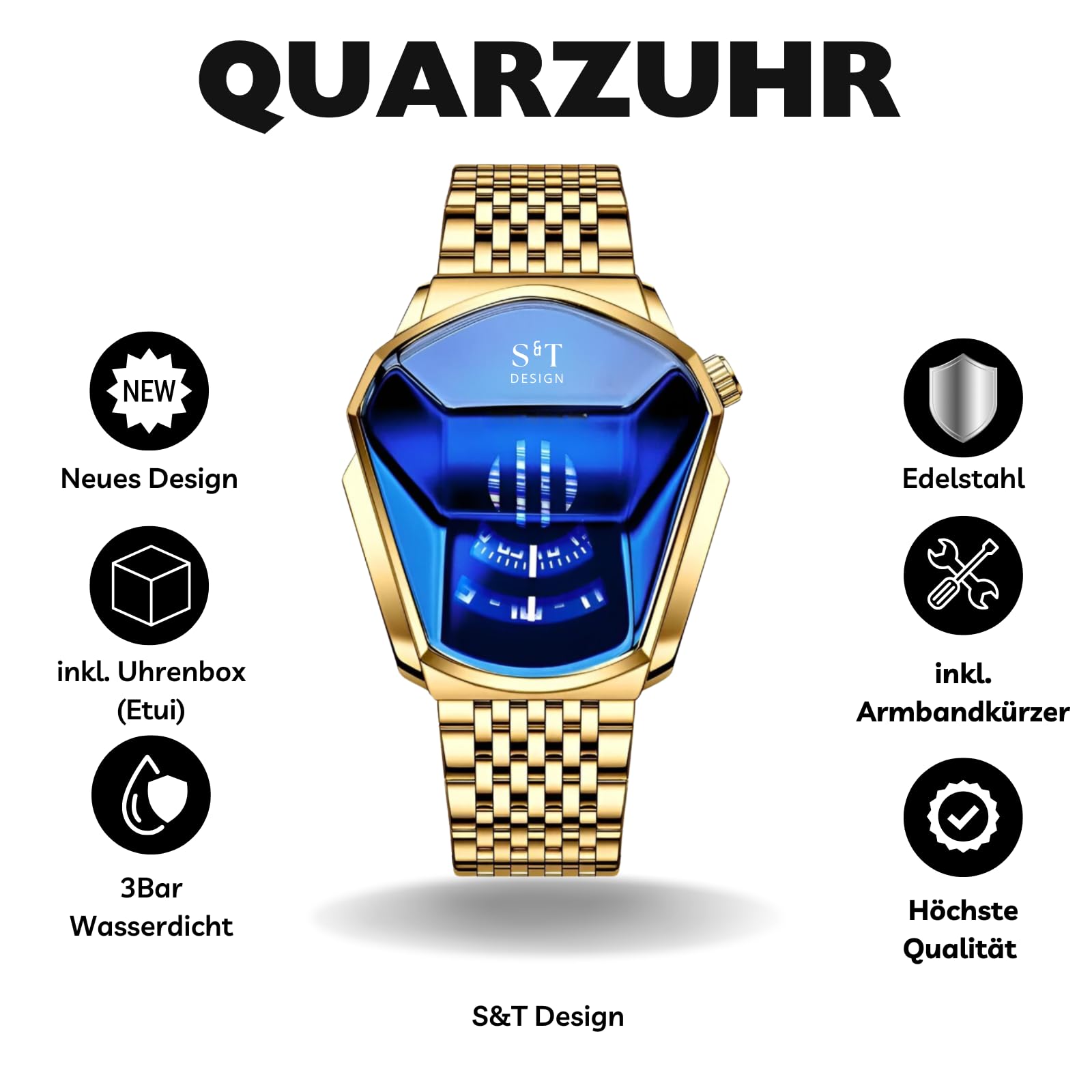 S&T Design Quarzuhr Herren Uhr Edelstahl Armbanduhr Herrenuhr Geschenkebox Etui, inkl. Armbandkürzer & Etui, Männer Uhr 3Bar Wasserdicht Analog Geschenk 4.4