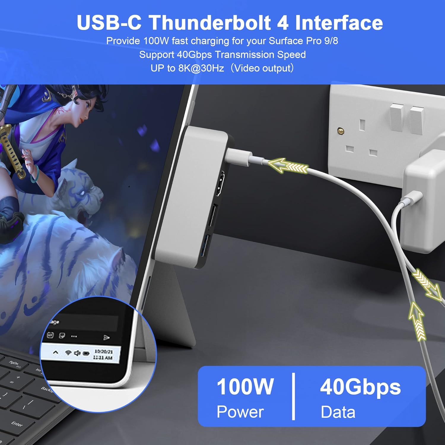Surface Docking Station with 4K HDMI+USB-C Thunderbolt 4 (Display+Data+PD 100W)+USB 3.0/2.0+TF Card Slot, Triple Display USB C Hub for Surface Pro 8